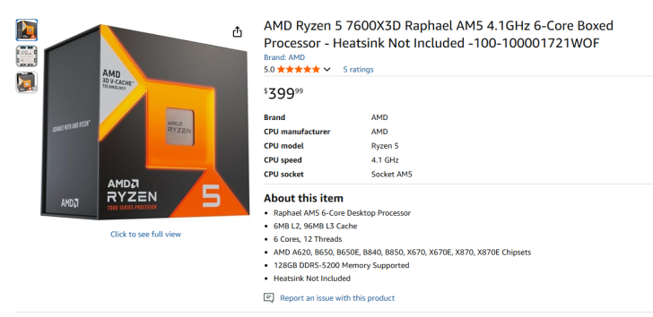 AMD Ryzen 5 7600X3D впервые появился на Amazon