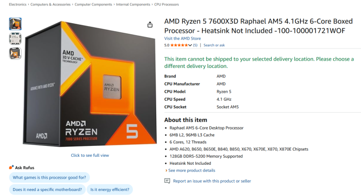 AMD Ryzen 5 7600X3D впервые появился на Amazon