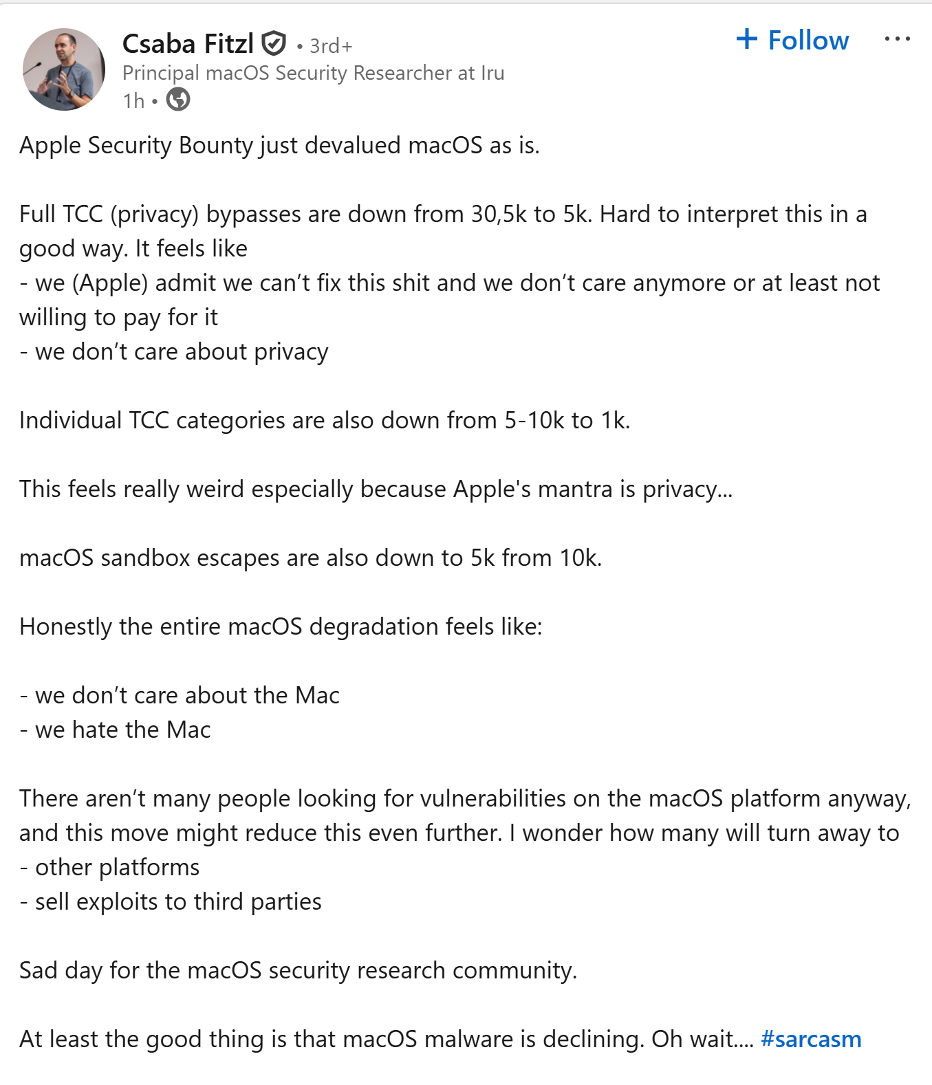 Apple ненавидит Mac? Поощрения за безопасность macOS резко урезаны