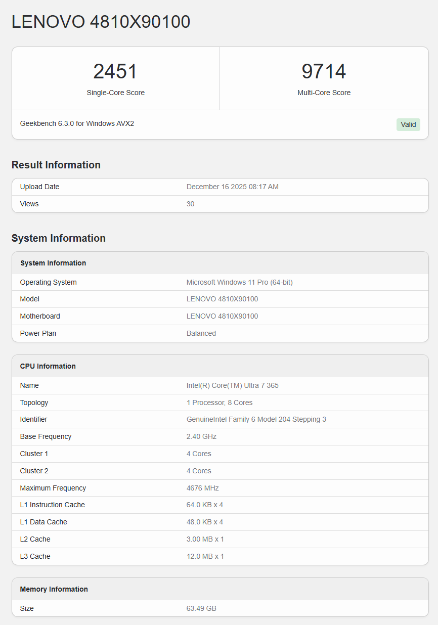 Core Ultra 7 365 протестирован в Geekbench — выявлено снижение производительности по сравнению с Core Ultra 7 268V