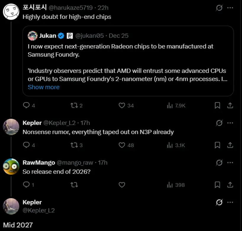 Графические процессоры AMD RDNA 5 &laquo;Radeon нового поколения&raquo; выйдут в середине 2027 года и будут использовать техпроцесс TSMC N3P.