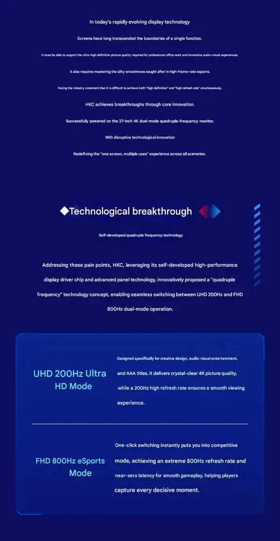 HKC представляет первый в мире 27-дюймовый 4K монитор с двумя режимами работы, достигающий 800 Гц при разрешении 1080p.