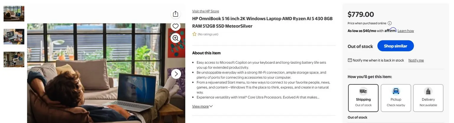 HP OmniBook 5 с четырехъядерным процессором AMD Ryzen AI 5 430 появился в продаже на Walmart, но имеет всего 8 ГБ оперативной памяти.