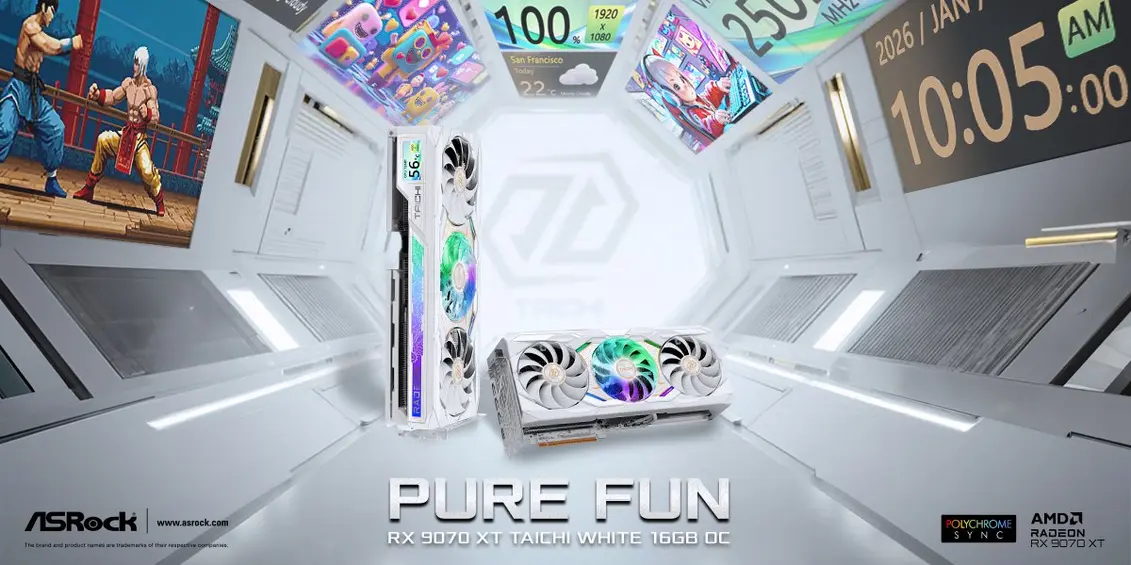 ASRock представила на CES 2026 линейку продуктов: игровые мониторы QD-OLED и WOLED, новые материнские платы, блоки питания, системы жидкостного охлаждения, видеокарту RX 9070 XT White и многое другое в сериях Taichi, Phantom Gaming, Challenger и Rock.
