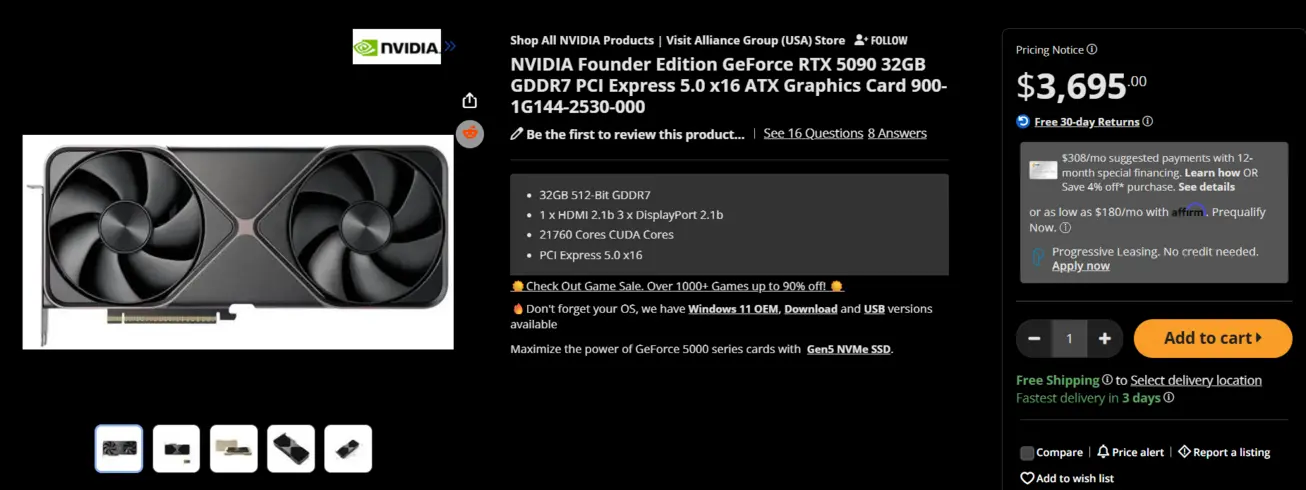 Видеокарта NVIDIA GeForce RTX 5090 Founders Edition взлетела в цене до 3695 долларов на Newegg, почти вдвое превысив рекомендованную производителем цену.
