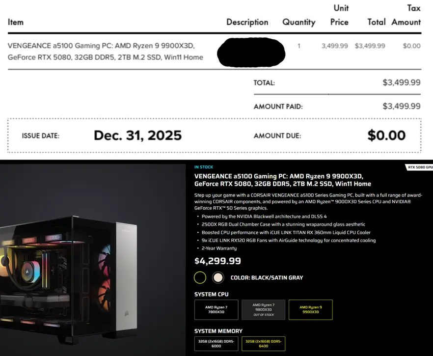 Corsair предположительно отменяет заказ ПК пользователя, повышая цену на 800 долларов &mdash; вызывая вопросы этики (в сфере компьютерного оборудования).