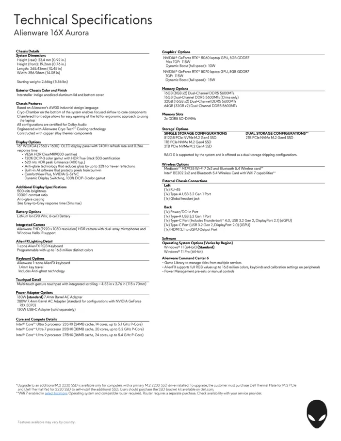 Линейка ноутбуков Alienware 2026 года: Aurora 16X, Area-51 18, Area-51 16 с OLED-дисплеями, обновлённые Intel Core Ultra 200HX, видеокарты RTX 50, а также анонс новых моделей начального уровня и ультратонких устройств.