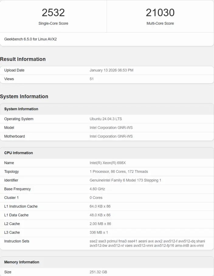 Флагманский процессор Intel Granite Rapids-WS, Xeon 698X, снова засветился: 86 ядер и внушительный кэш в 508 МБ.