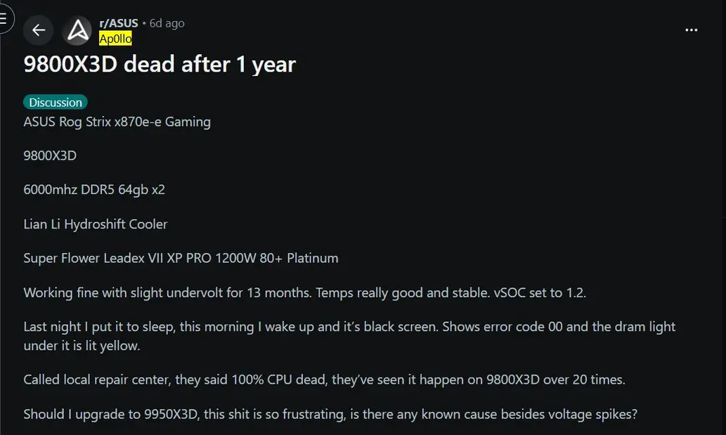 Еще два процессора Ryzen 9800X3D вышли из строя на материнских платах ASUS X870E.