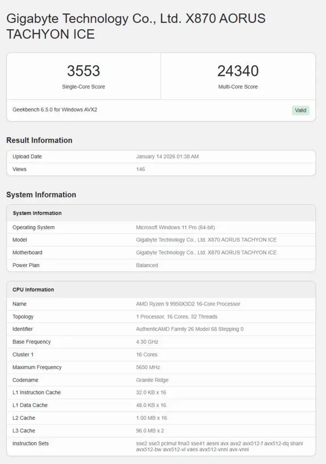 Ryzen 9 9950X3D с 192 МБ кэш-памяти L3 замечен в Geekbench: он обходит стандартный Ryzen 9 9950X3D как в однопоточных, так и в многопоточных тестах