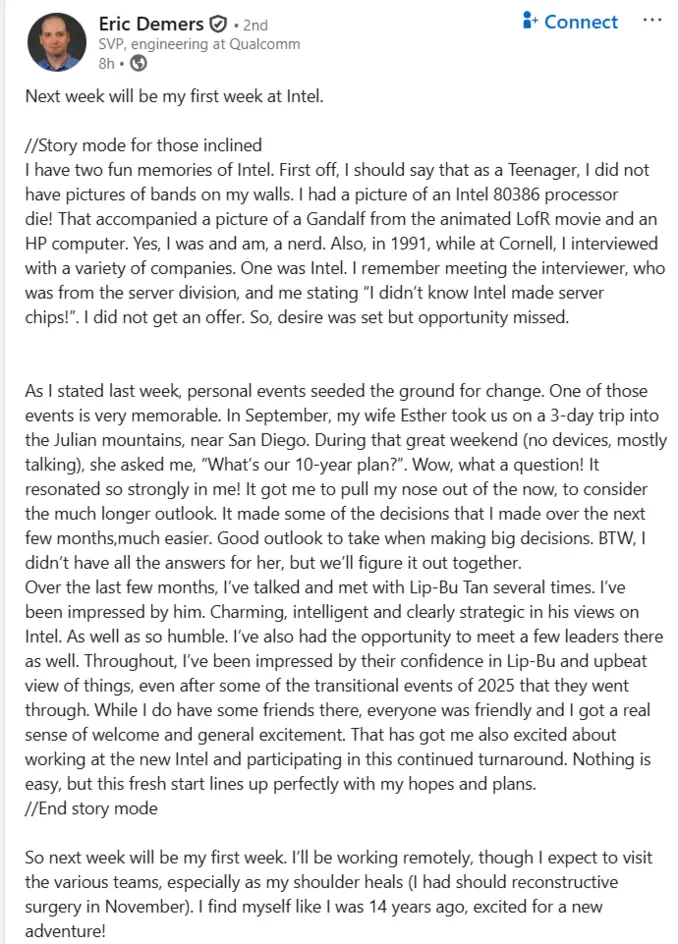 Бывший архитектор графических процессоров Qualcomm и AMD Эрик Демерс переходит в Intel для ускорения разработки графических решений и технологий ИИ