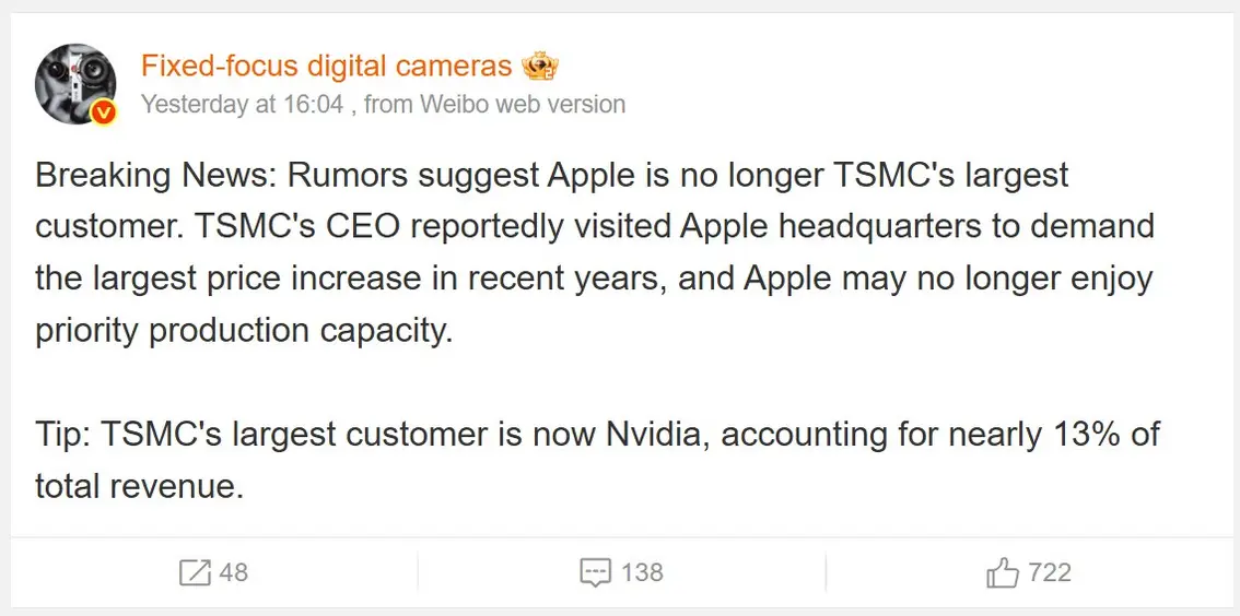 По слухам, TSMC лишит Apple статуса приоритетного заказчика, так как производитель iPhone перестал приносить заводу основной доход