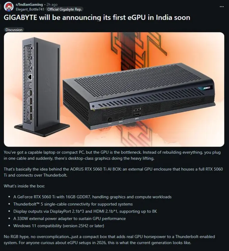GIGABYTE объявляет о скором выходе AORUS RTX 5060 Ti AI BOX на рынок Индии