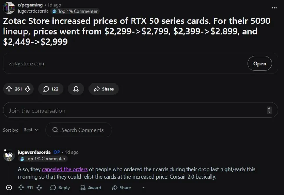 ZOTAC отменяет заказы на RTX 5090 и повышает цены на видеокарты, ссылаясь на &laquo;системную ошибку&raquo;