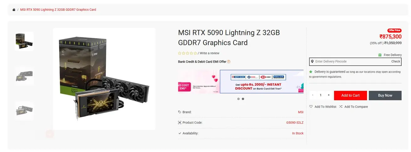 MSI RTX 5090 Lightning Z сметает прилавки в Индии по шокирующей цене в 9050 долларов