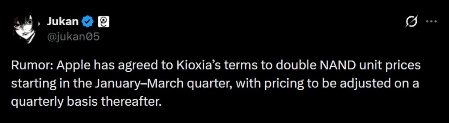 Apple столкнется с давлением цен на память: компания якобы приняла условия Kioxia платить вдвое больше за &laquo;NAND Flash&raquo; с пересмотром условий каждый квартал