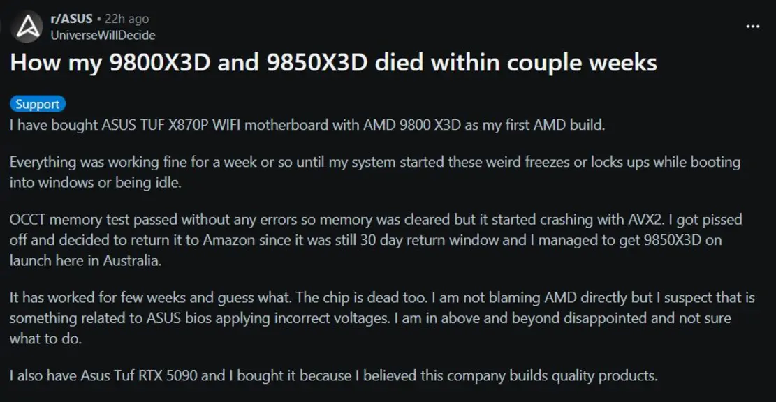 Ryzen 7 9800X3D и 9850X3D выходят из строя спустя пару недель: первый случай поломки 9850X3D?