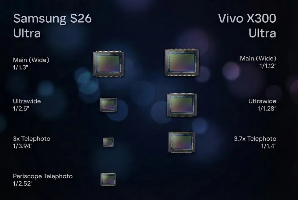 Сравнение физических размеров камер Galaxy S26 Ultra показывает, что он отстает от конкурирующих флагманов