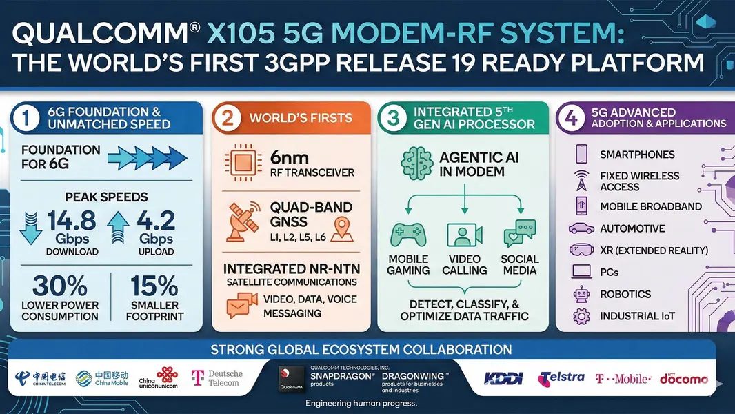 Новый модем Snapdragon X105 5G от Qualcomm обещает на 30% меньшее энергопотребление и более умные операции, закладывая основу для 6G