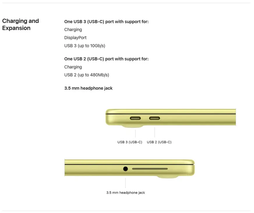 MacBook Neo: два порта USB-C, но один из них медленнее другого, что снижает скорость передачи данных