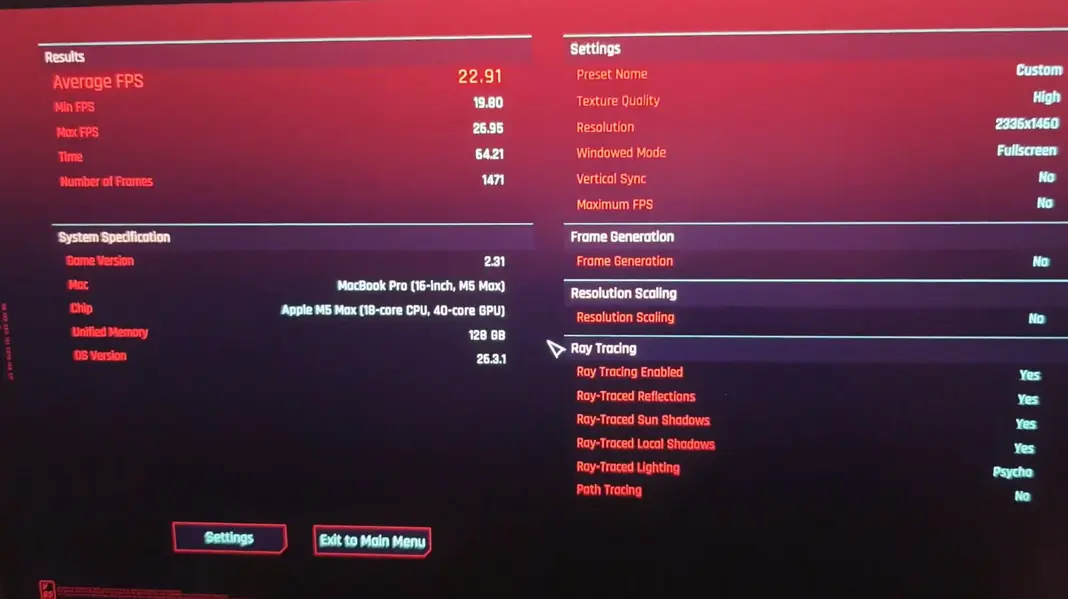 Наши тесты: ноутбучная RTX 4090 на 63% быстрее MacBook Pro с чипом M3 Max в Cyberpunk 2077 по среднему FPS