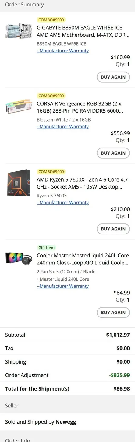 Пользователь отхватил 32 ГБ DDR5, Ryzen 7600X, СЖО и материнскую плату B850M на Newegg всего за 87 долларов