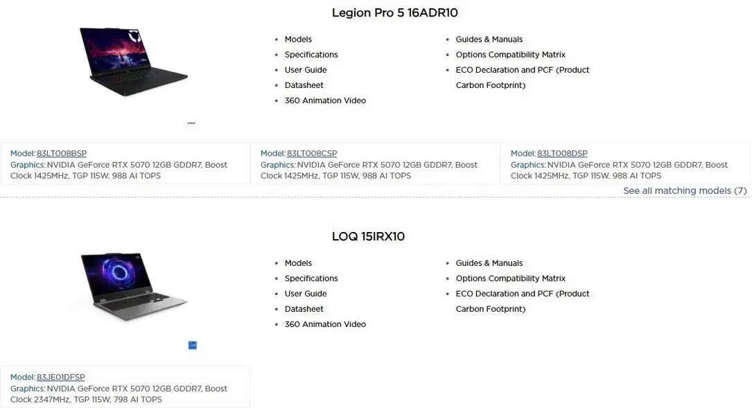 Lenovo засветила ноутбуки Legion Pro и LOQ с мобильной видеокартой GeForce RTX 5070 12 ГБ и TGP 115 Вт