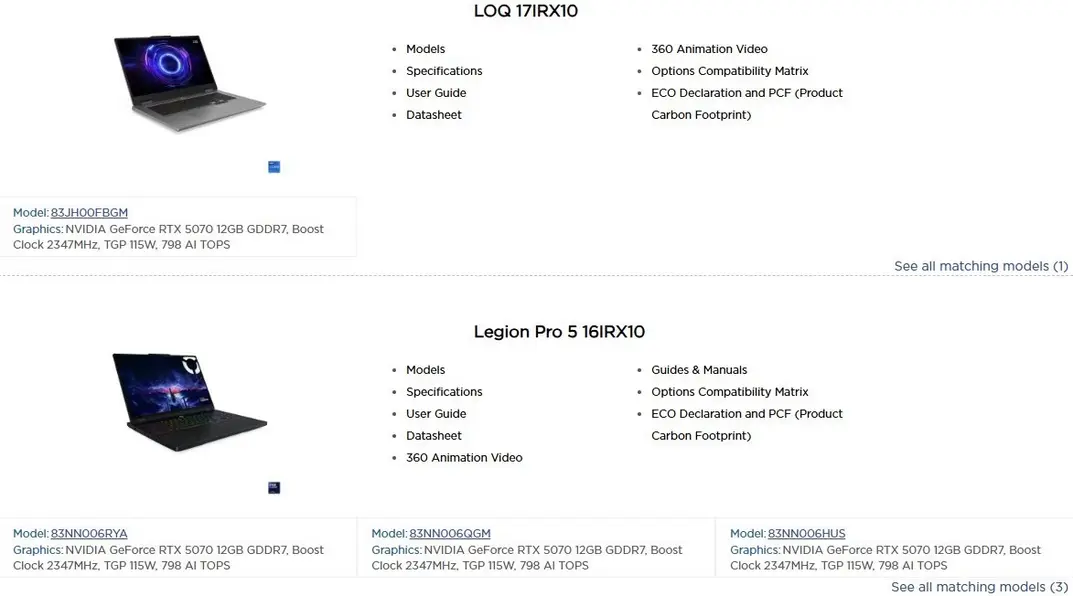 Lenovo засветила ноутбуки Legion Pro и LOQ с мобильной видеокартой GeForce RTX 5070 12 ГБ и TGP 115 Вт