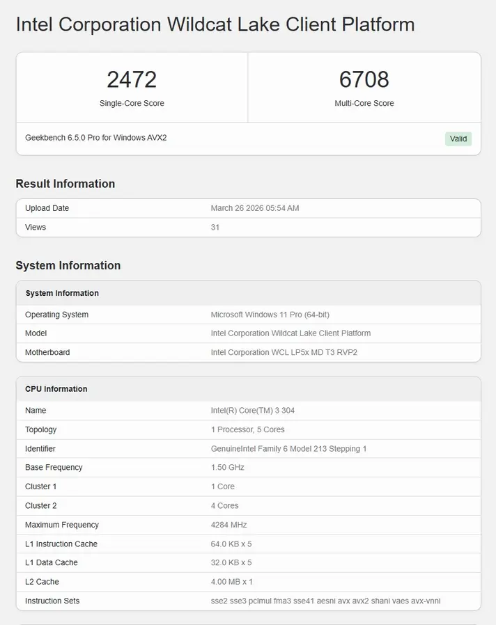 Процессор Intel Wildcat Lake Core 3 304 замечен в Geekbench: необычная конфигурация 1+4 и частота до 4,3 ГГц