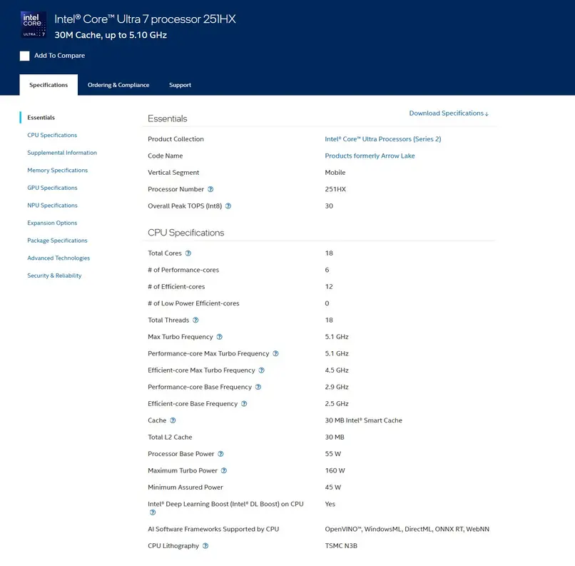 Intel тихо выпустила процессор Core Ultra 7 251HX: конфигурация из 6 P-ядер, 12 E-ядер и 3 графических ядер Xe