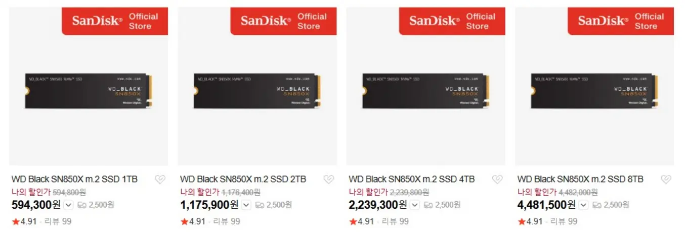 Цены на потребительские SSD от WD и Samsung в Южной Корее взлетели вдвое; стоимость серии SN850X начинается от 400 долларов за 1 ТБ