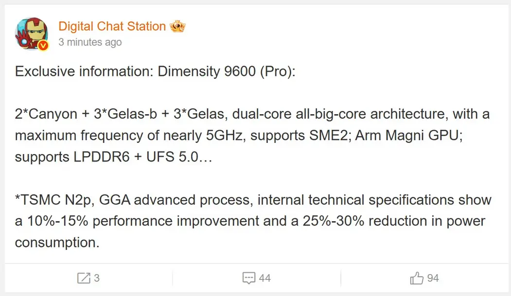 Утечка характеристик Dimensity 9600 Pro: готов мощный флагманский чипсет, чтобы бросить вызов Apple и Qualcomm в этом году