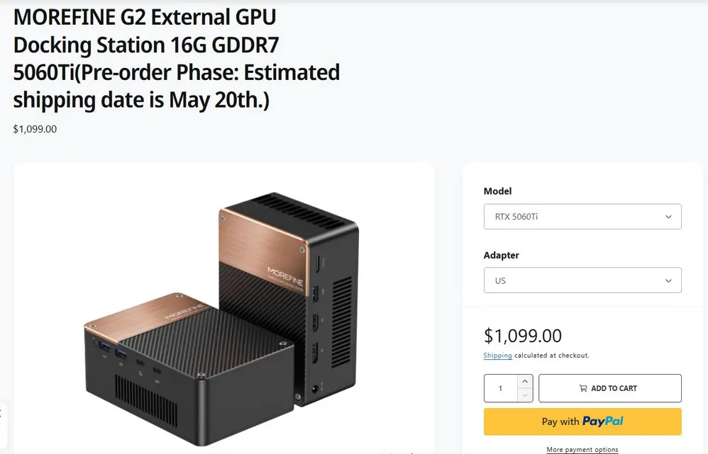MOREFINE уместила десктопную RTX 5060 Ti в компактный eGPU за 1099 долларов с разъемами Thunderbolt 5 и OCuLink