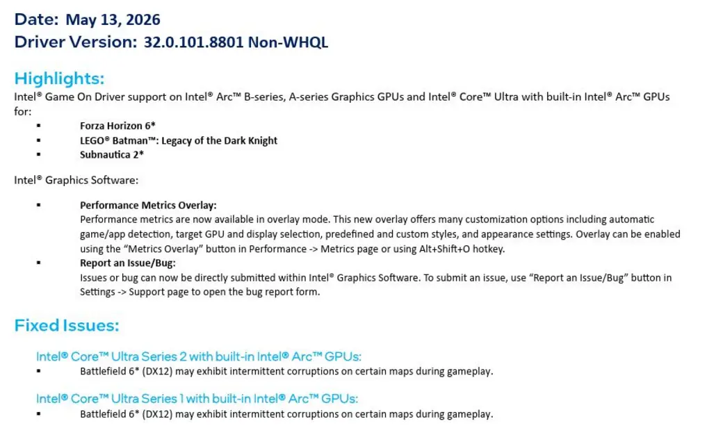 Intel выпустила драйвер Arc 8801 с поддержкой Forza Horizon 6 для видеокарт серий Arc A и B