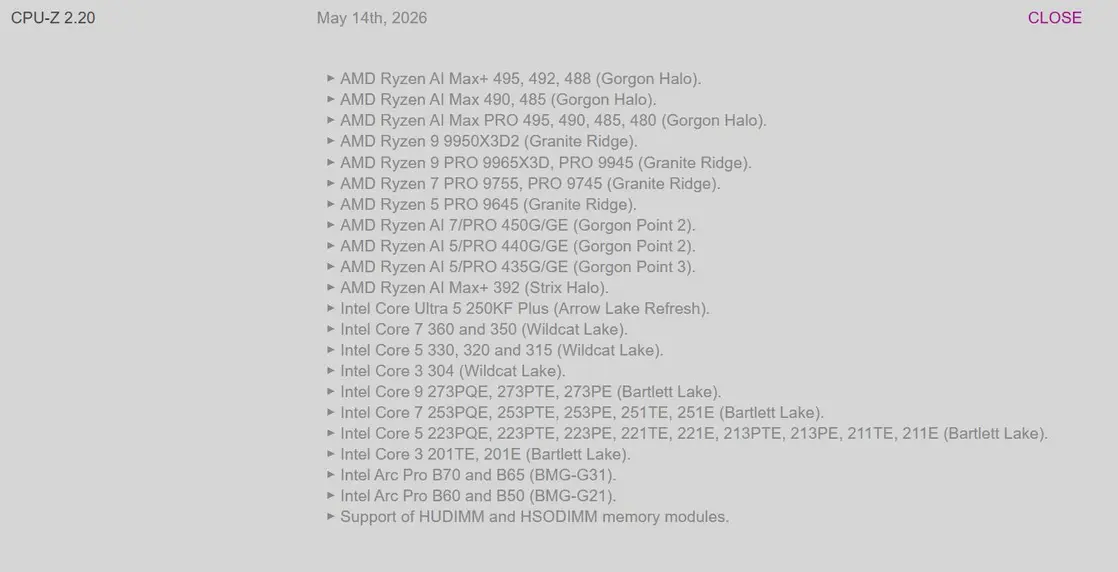 CPUID добавила поддержку AMD Gorgon Halo в CPU-Z; Intel Wildcat Lake и Bartlett Lake также получили поддержку