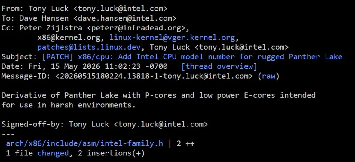 Intel готовит Panther Lake &laquo;R&raquo; для экстремальных условий: патч для Linux раскрыл новый ID 223 и архитектуру только с P-Core и LP-E ядрами