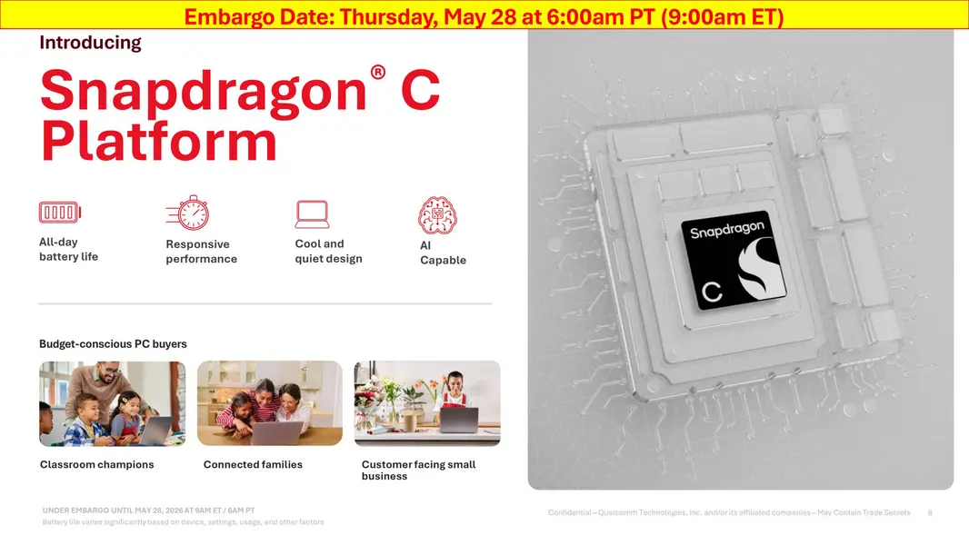 Qualcomm представляет Snapdragon C: доступный ноутбук с ИИ и батареей на весь день за 300 долларов