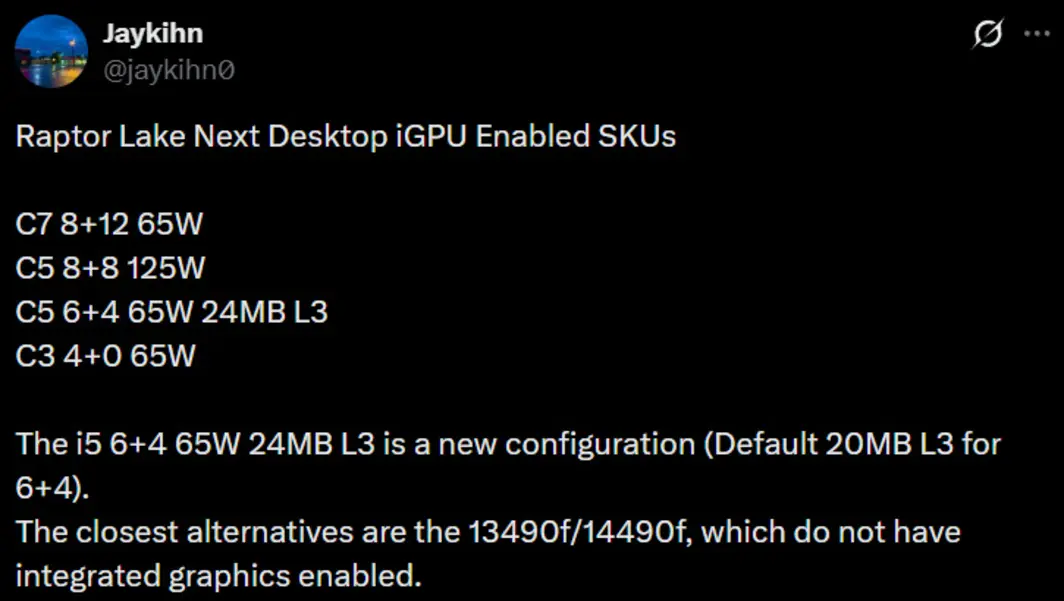 Настольные процессоры Intel Raptor Lake Next выйдут в версиях Core 7, Core 5 и Core 3 с количеством ядер до 20, но сохранят 8 P-ядер для сокета LGA 1700