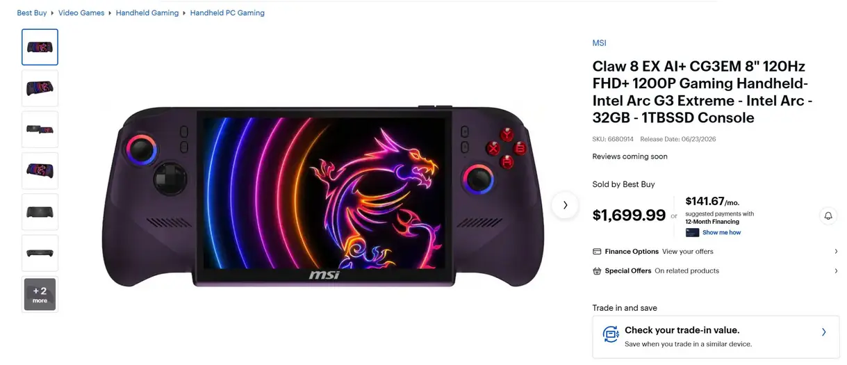 MSI Claw 8 EX AI+ выходит по цене $1699: стоимость портативных консолей выходит из-под контроля, вдвое превышая ценник Claw 8 AI+