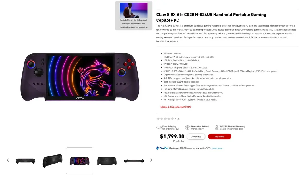 MSI Claw 8 EX AI+ выходит по цене $1699: стоимость портативных консолей выходит из-под контроля, вдвое превышая ценник Claw 8 AI+