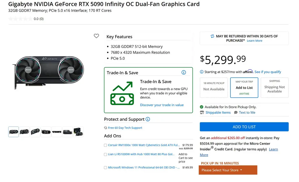 GIGABYTE RTX 5090 AORUS Infinity: ценник в Micro Center достигает 5299 долларов, что в 2,6 раза дороже Founders Edition