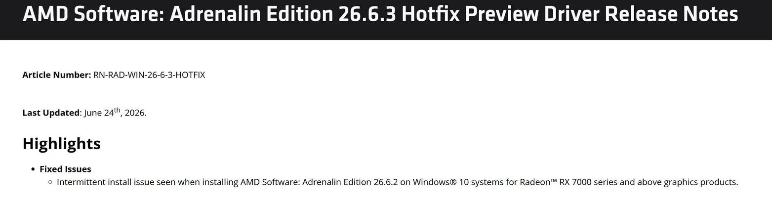 AMD срочно выпустила хотфикс Adrenalin 26.6.3 спустя день после жалоб пользователей Windows 10 на критическую ошибку &laquo;Yellow Bang&raquo;