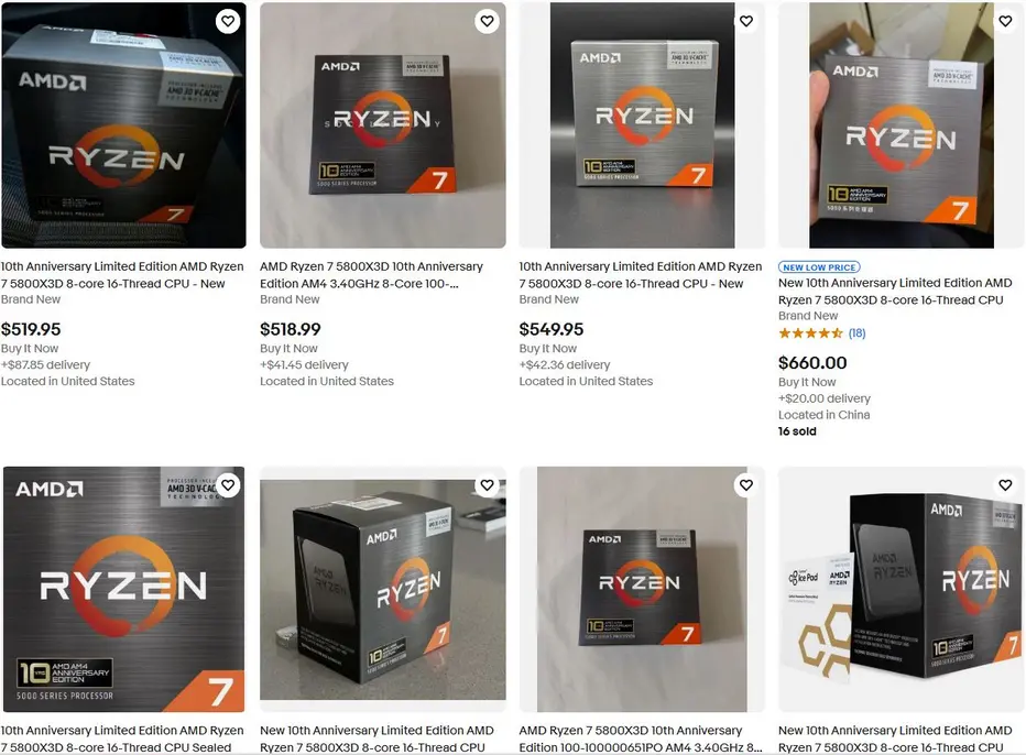 Юбилейный процессор AMD Ryzen 7 5800X3D исчез с прилавков на старте продаж и всплыл на eBay с наценкой почти вдвое выше официальной цены в 349 долларов