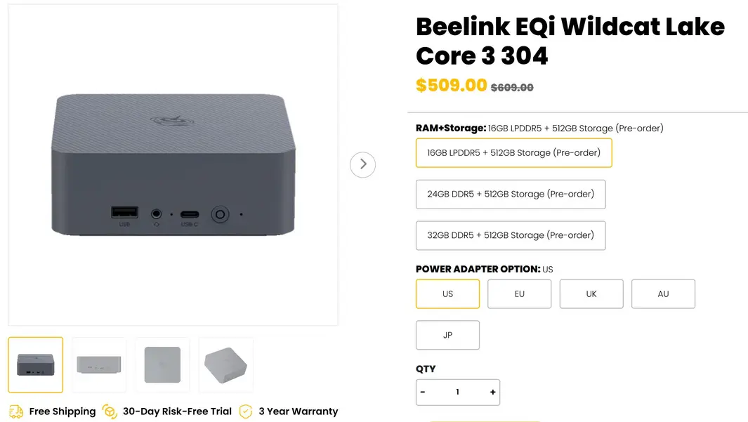 Beelink выпускает мини-ПК EQi 304 на базе Wildcat Lake: 16 ГБ ОЗУ, 512 ГБ памяти и цена 509 долларов