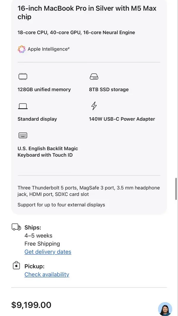 Наблюдатель за ценами на MacBook Pro с чипом M5 Max заметил, что Apple задрала ценник на топовую конфигурацию на 1000 долларов после ошеломляющего анонса
