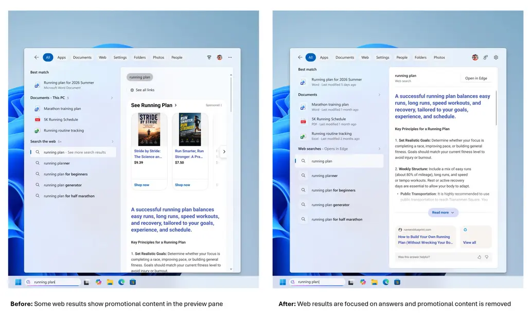 Microsoft официально убирает рекламный контент из поиска Windows