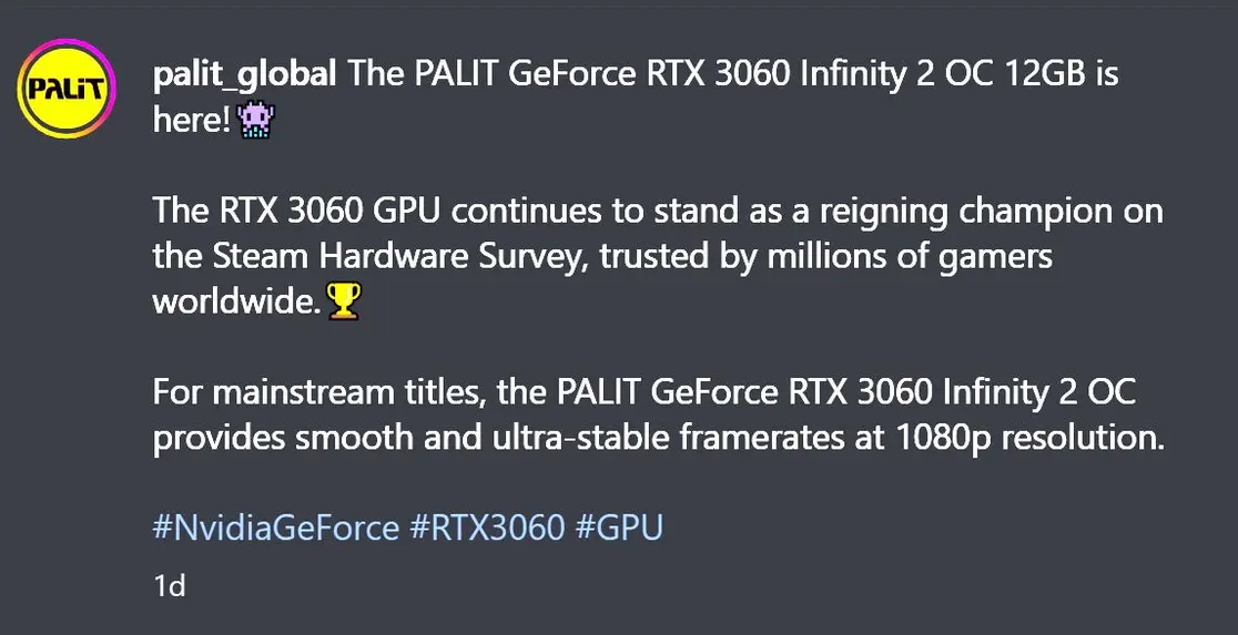 Официально: Палит возвращает RTX 3060 12 ГБ — бюджетный сегмент продолжает страдать