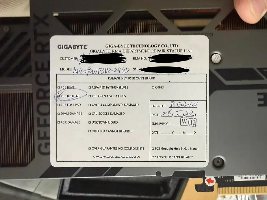 Сообщается, что GIGABYTE отклонила гарантийный запрос на RTX 4090 из-за повреждения печатной платы, которое никто не может увидеть на видеокарте.