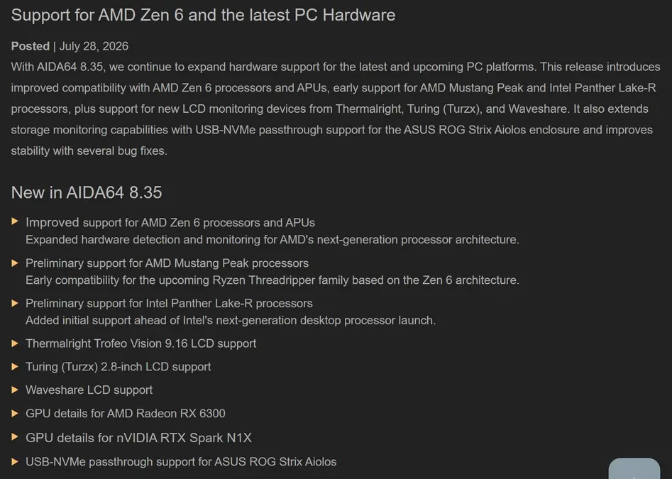 AIDA64 добавляет поддержку процессоров AMD Zen 6, APU и чипов Mustang Peak, а также Intel Panther Lake-R