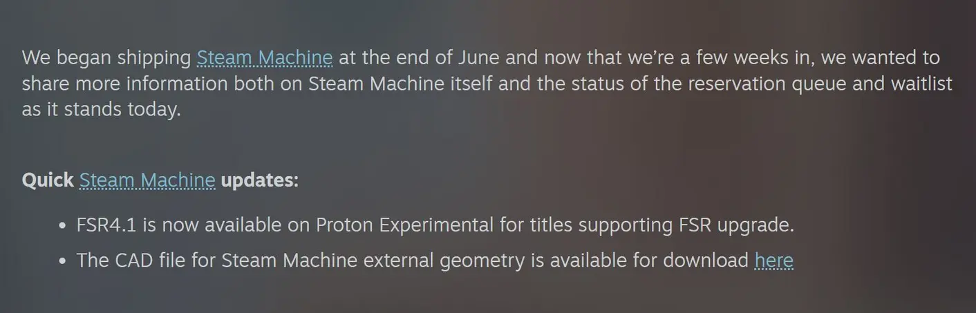 Valve внедряет поддержку FSR 4.1 в Steam Machine и делится новостями о бронировании и списке ожидания